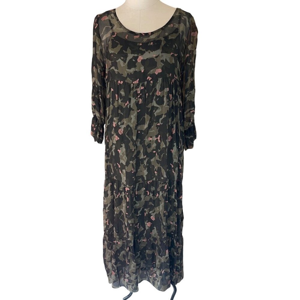 Womens Dress Size Large Green Chiffon Camouflage Slip Sheer Round Neck